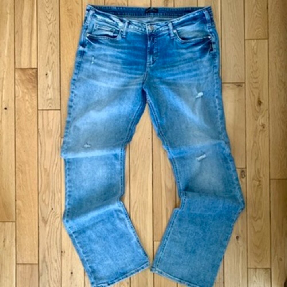 Silver Jeans Tuesday Slim Boot 36X33 Light Denim Blue Acid Wash Distressed